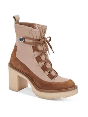 Women's Two-Tone Tan Lace-Up Chunky Heel Boot